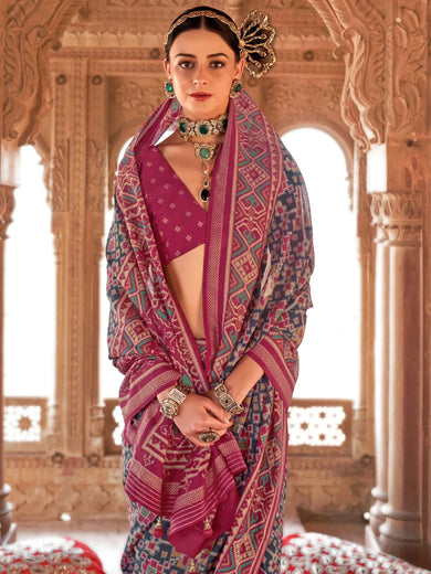 Captivating Navy Blue Patola Printed Georgette Saree With Blouse